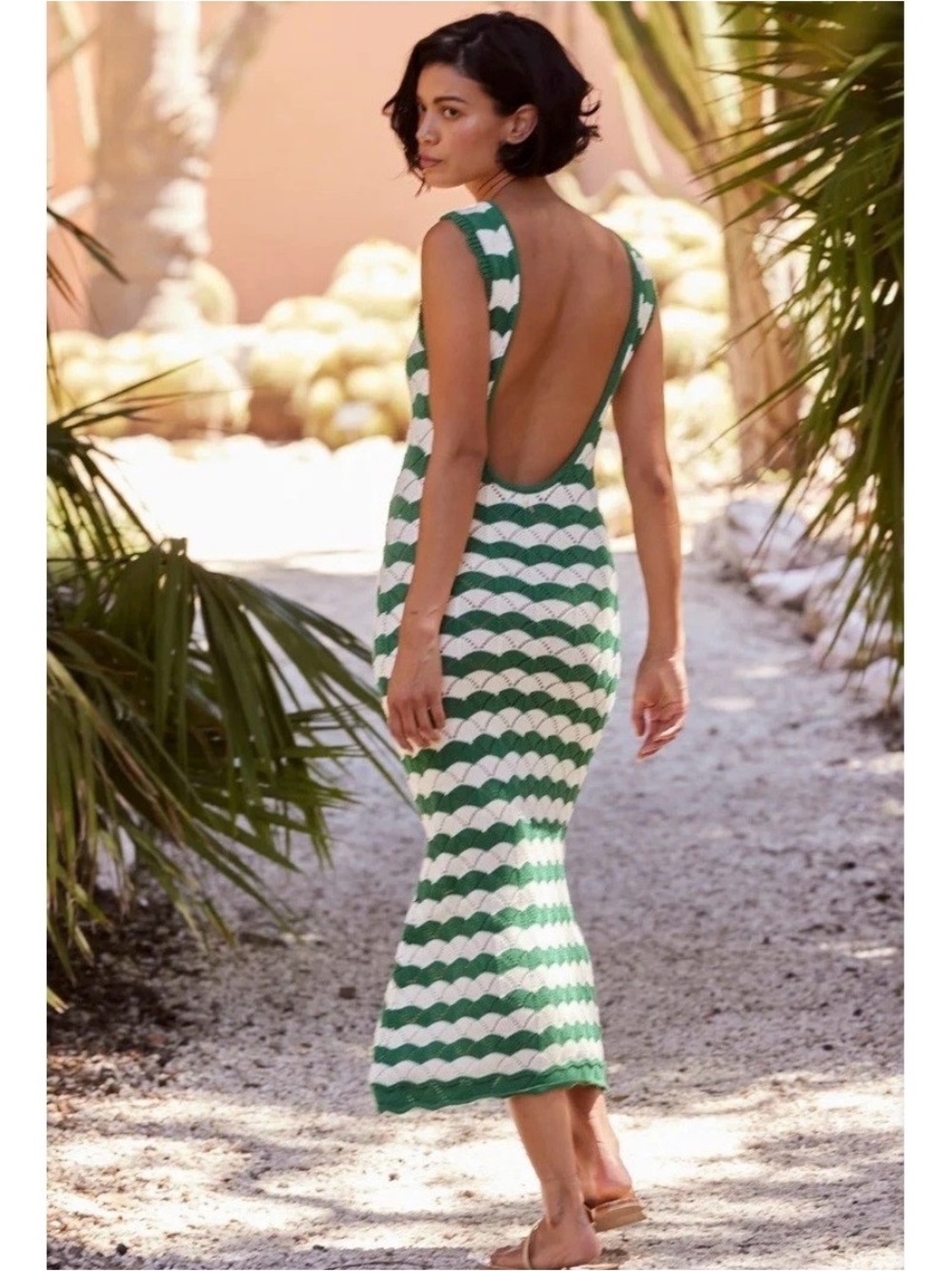 NWT Misa Los Angeles Rosalba Crochet Knit Dress Backless Green White Stripe M